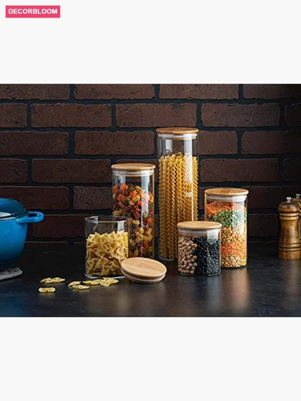Set of 5 Glass Kitchen Canisters with Airtight Bamboo Lids